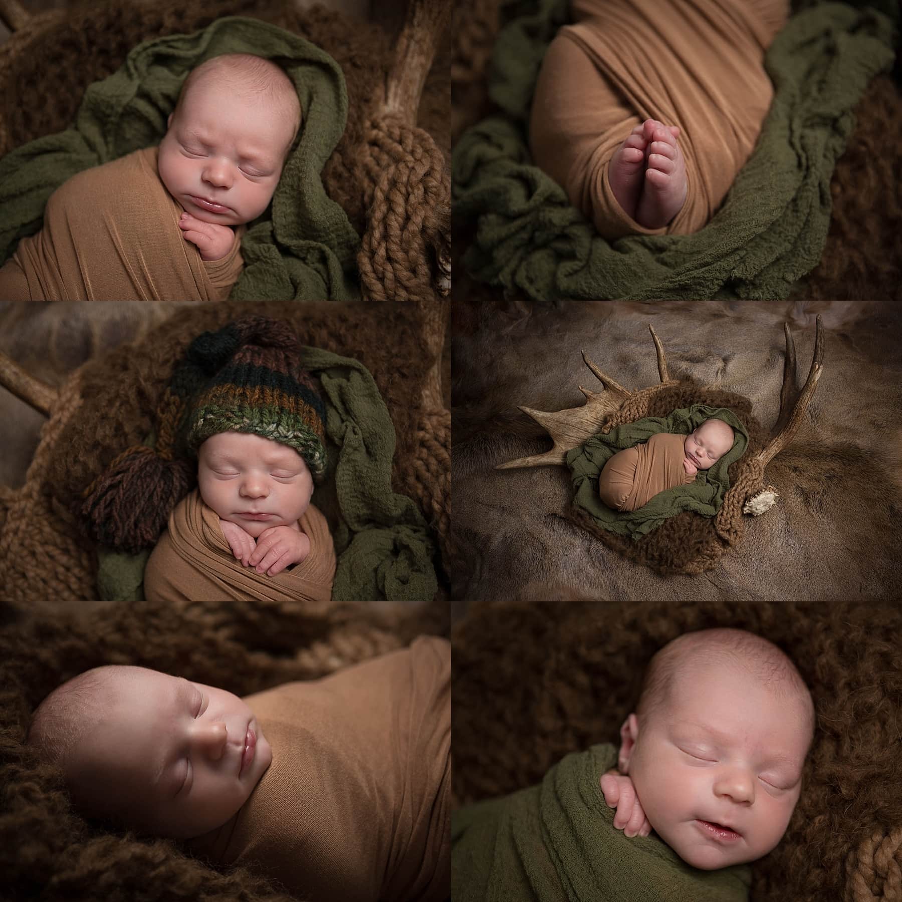 A series of photos of a baby sleeping in a green hat.