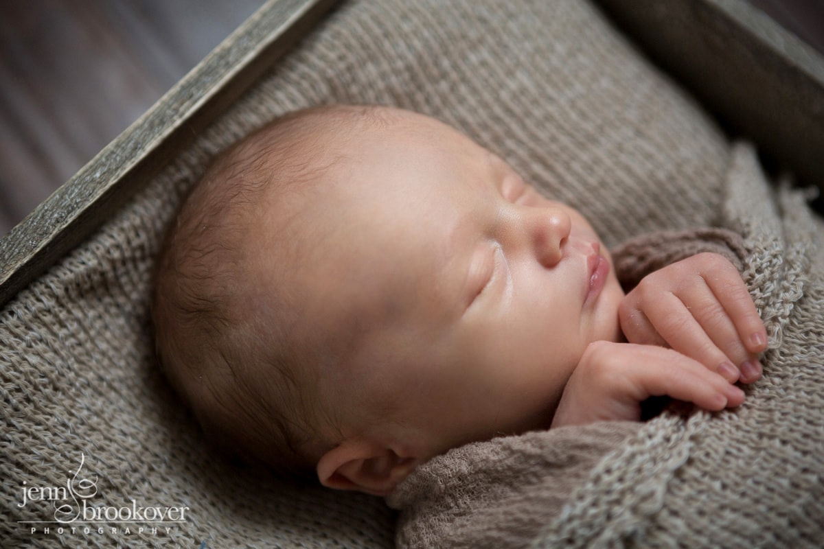 sleepy baby boy snuggled up in taupe wrap during his newborn portrait session