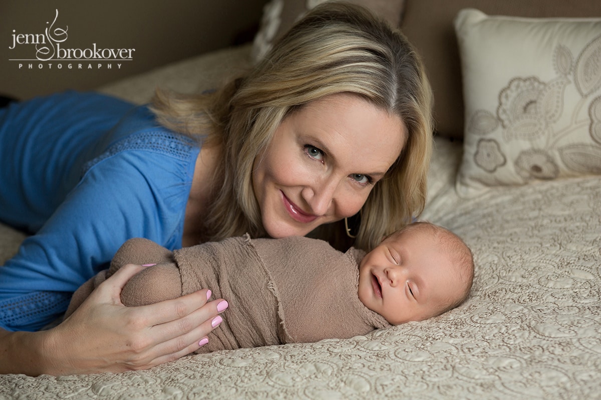 mom and her baby boy at home in San Antonio taken by Jenn Brookover, blue, taupe and cream