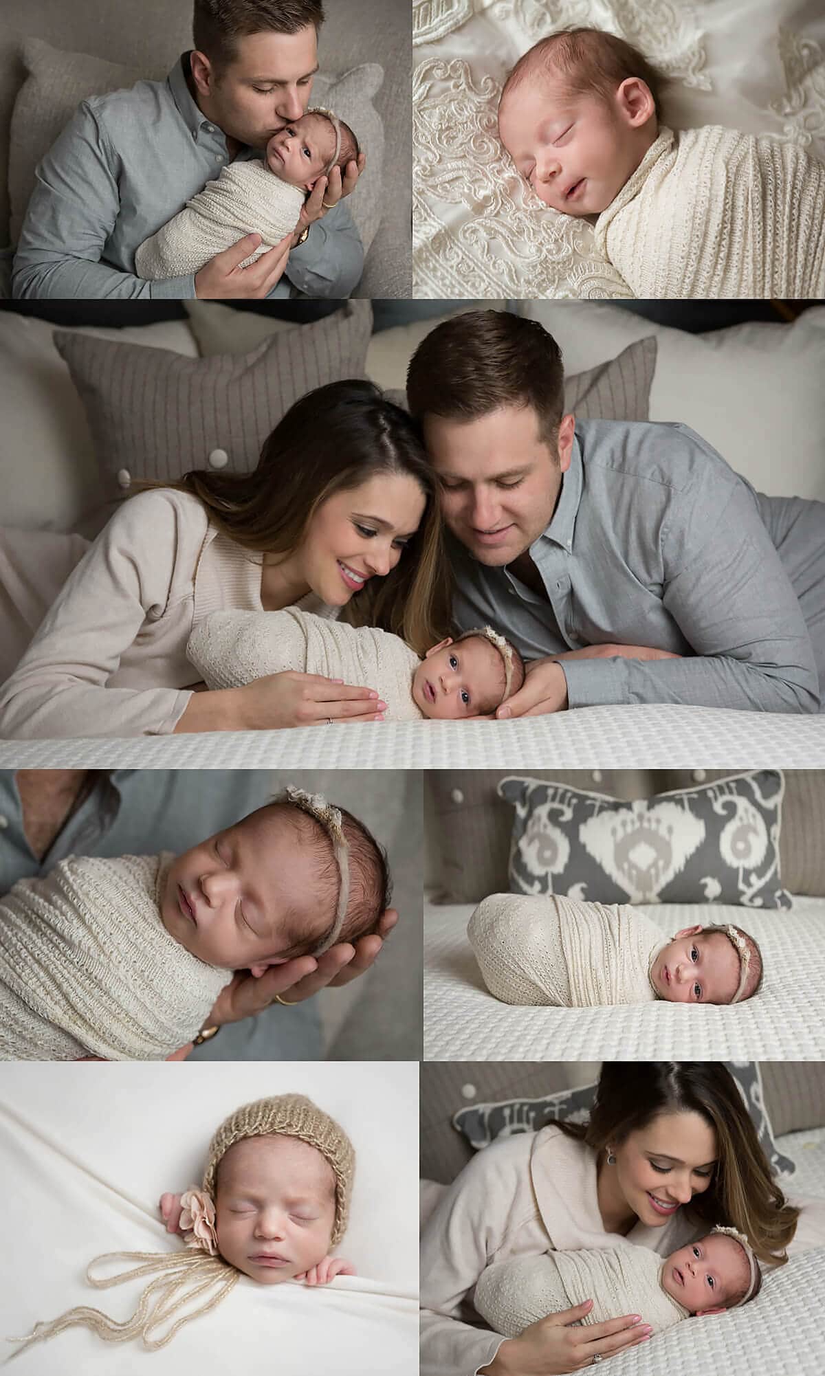 Newborn girl at home with mom and dad - gray, cream, gold, taupe