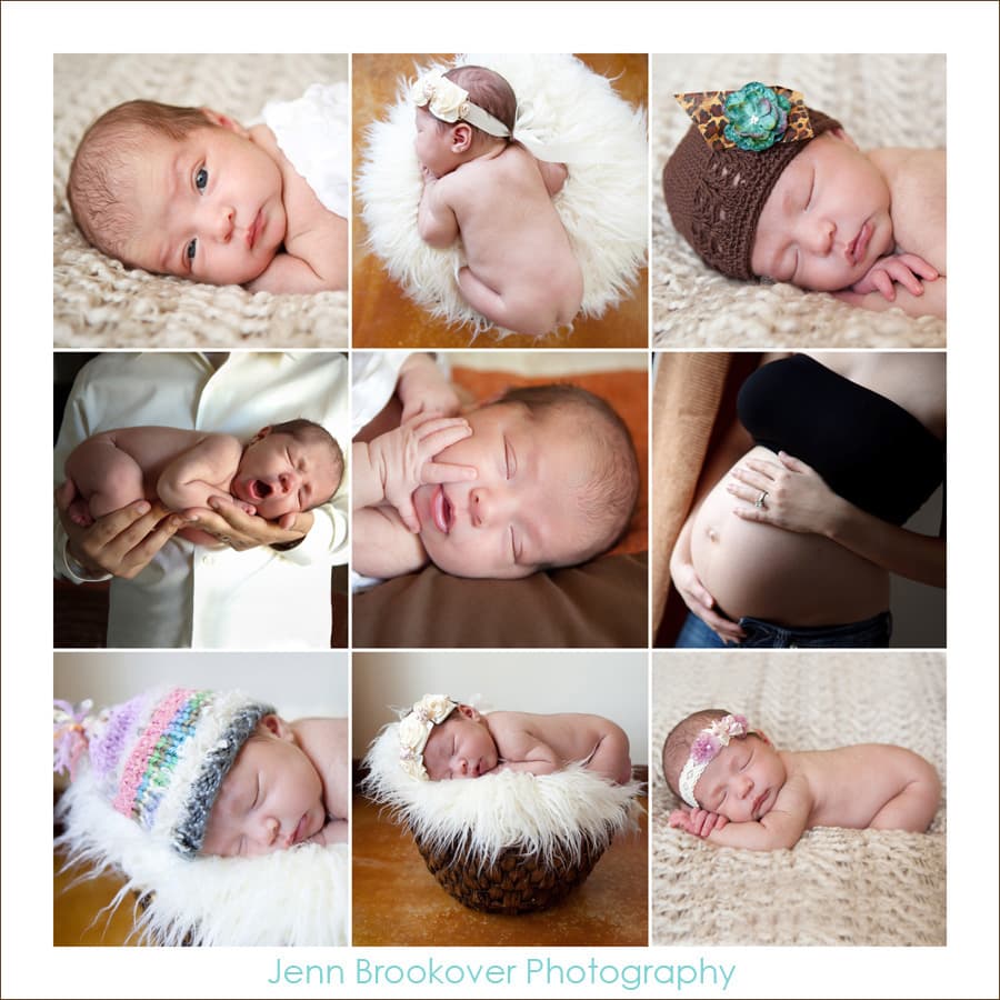 A collage of baby photos showcasing Jenn Brookover's photography, featuring a baby in a hat.