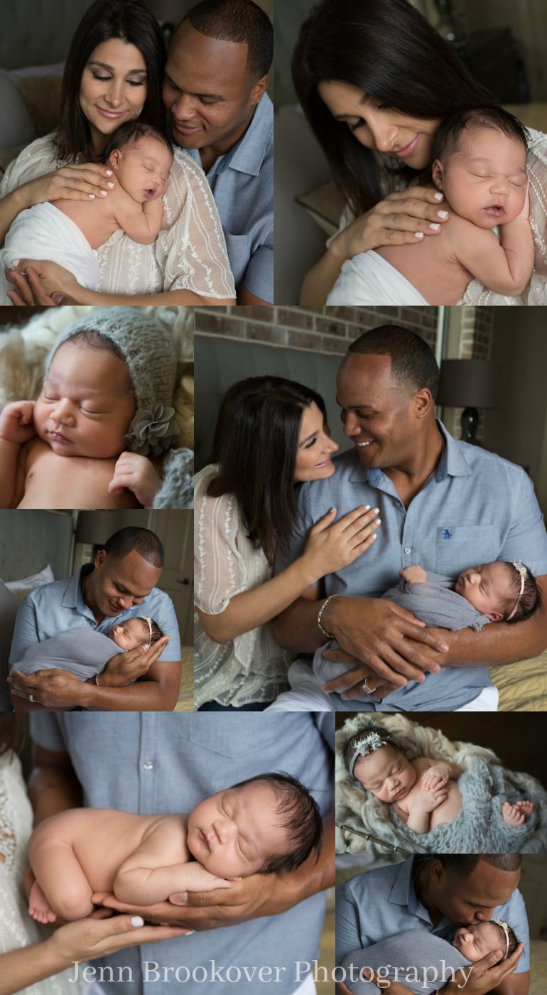 newborn session at home featuring gray, blue and gold for baby girl