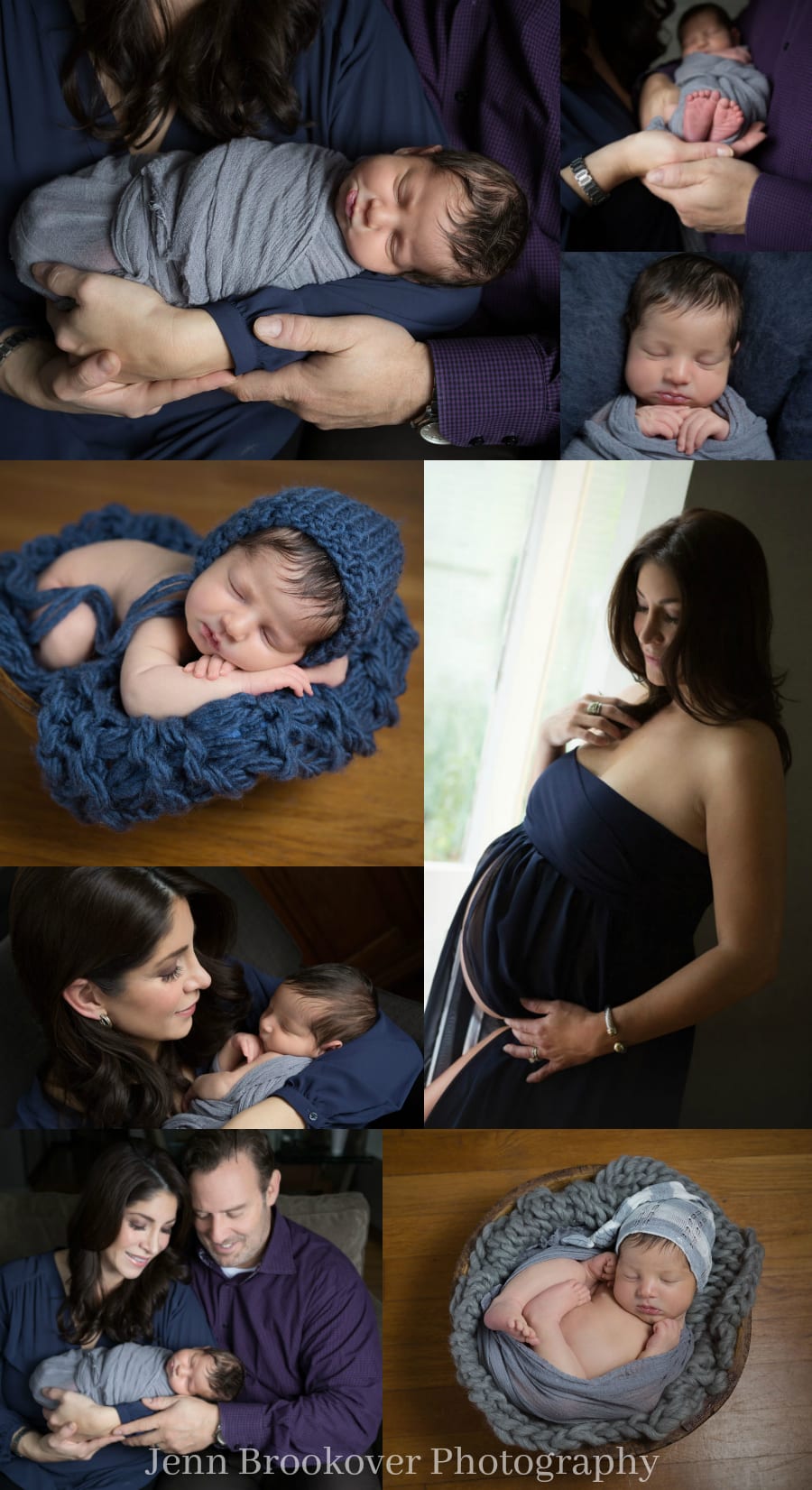 newborn and maternity session at home featuring gray, navy and purple for a baby boy