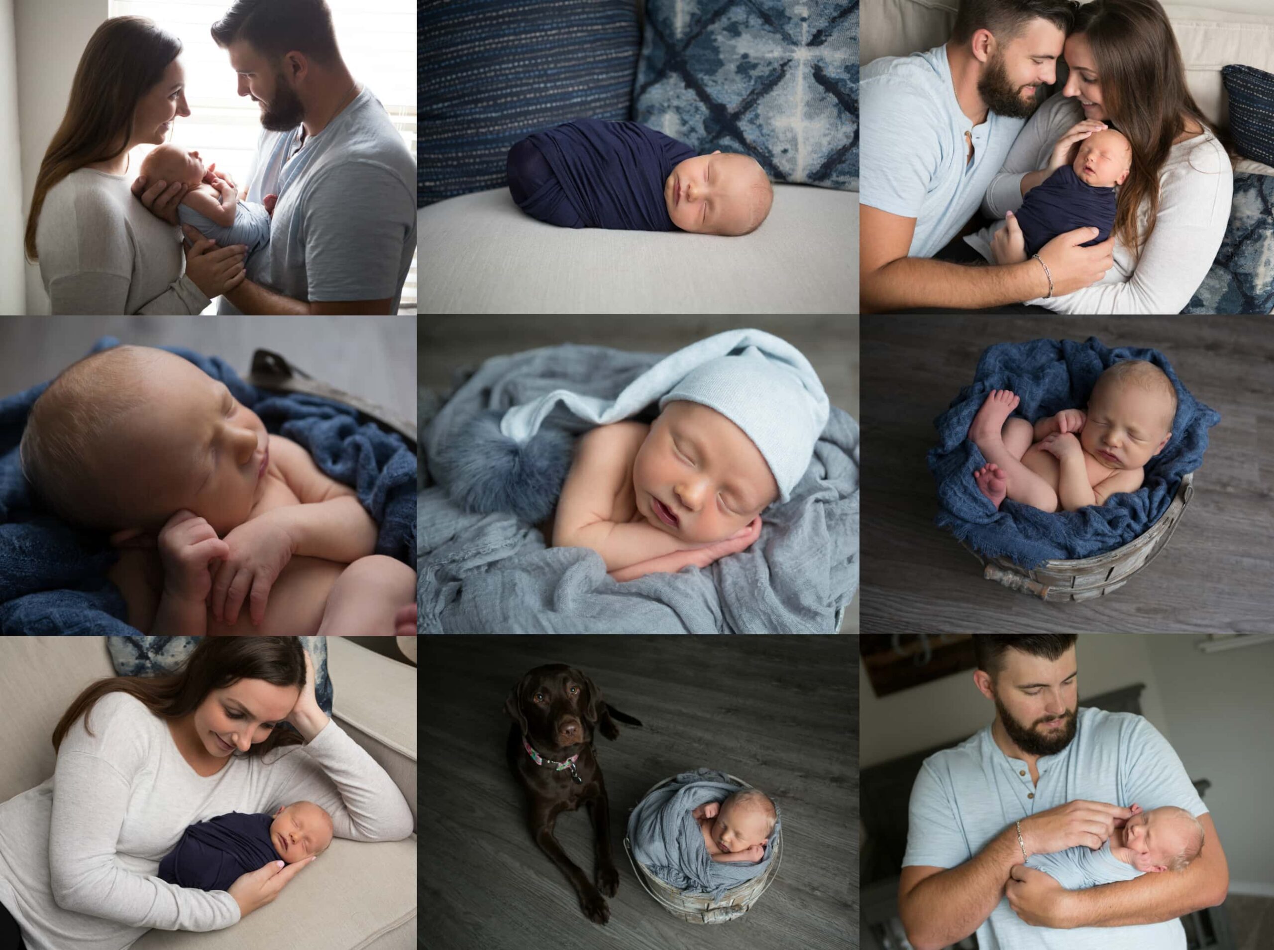 newborn boy in blue and gray family portraits New Braunfels