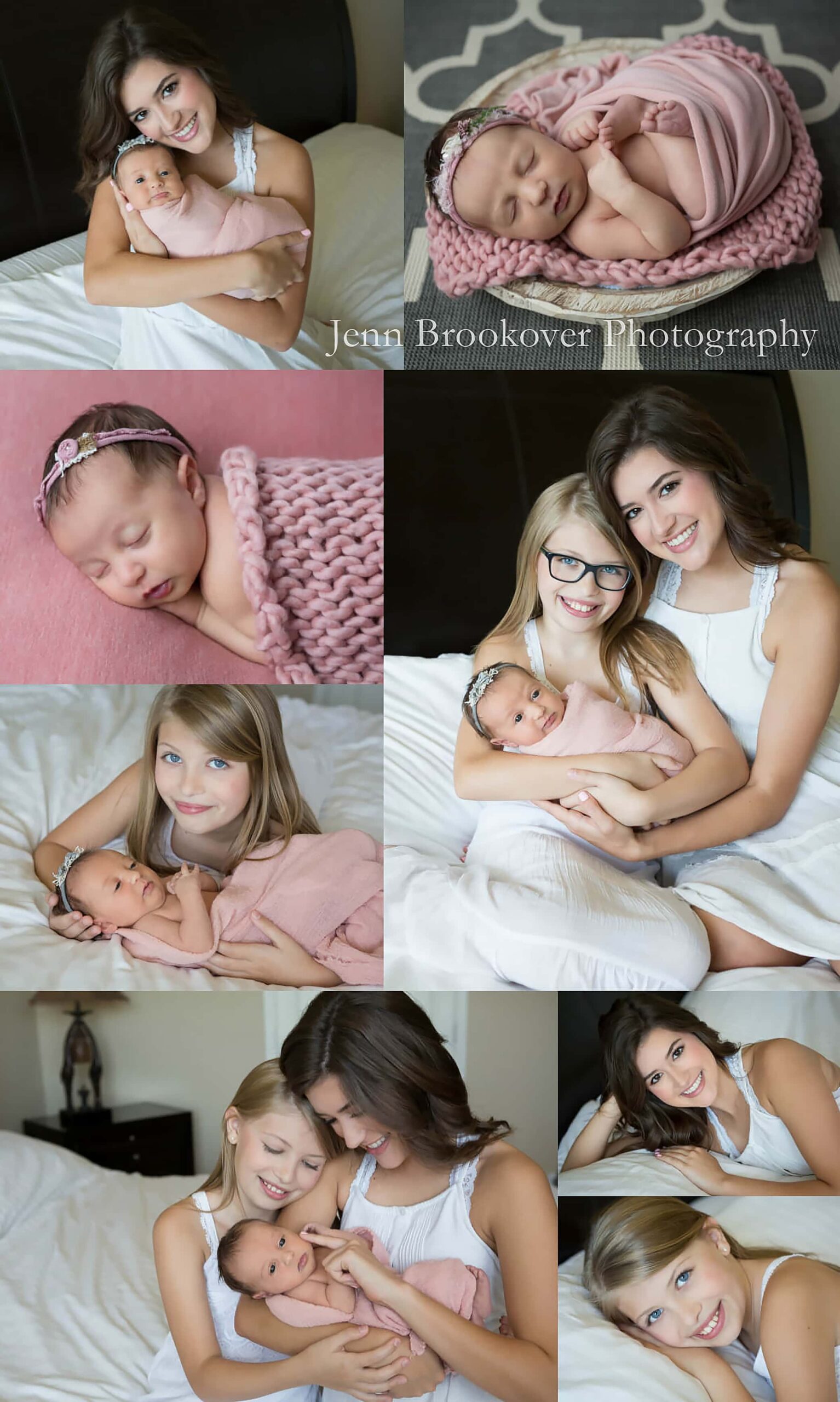 newborn baby girl session at home in San Antonio, Texas with sisters in mauve and gray