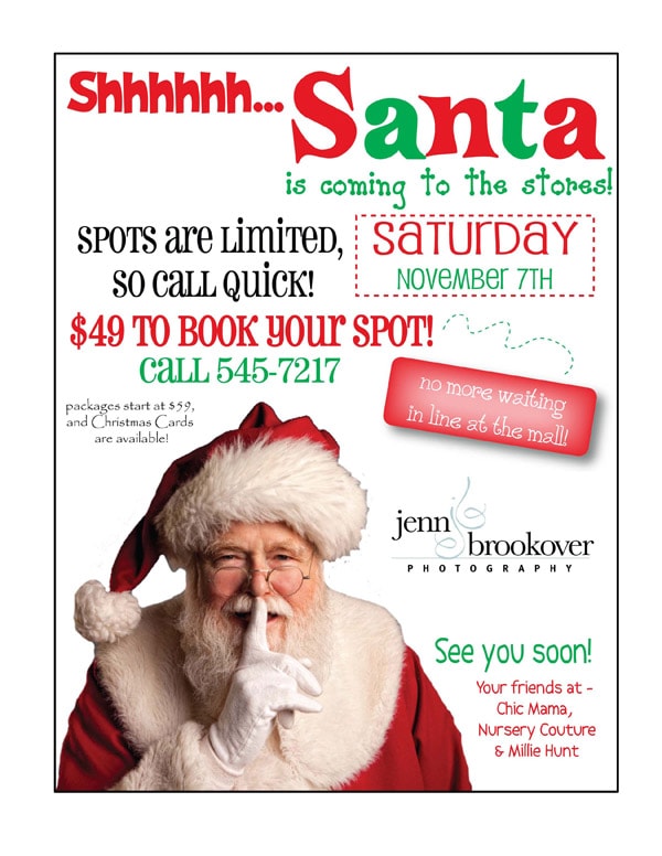 A flyer featuring Jenn Brookover photography for a Santa Claus event.